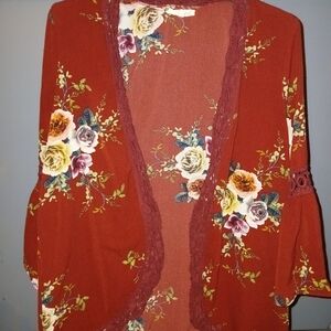entro Rust Floral Lace-Trim Open Cardigan